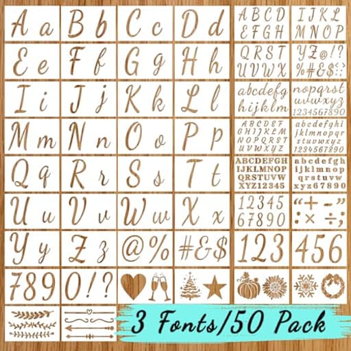 Large Letter Stencils for Painting on Wood - 50 Pc Alphabet & Number Stencils for Crafts Reusable - Custom Cursive Lettering for Signs, Chalkboard, Fabric - Decorative & Seasonal Images