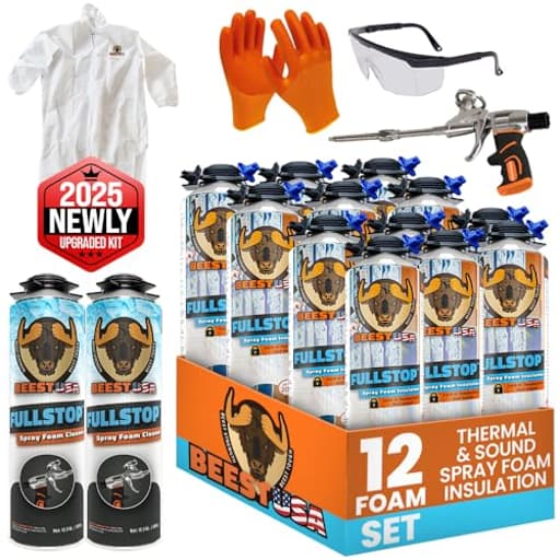 FullStop Spray Foam Insulation Kit for Walls and Attic - 240 Board ft/sq.ft. Perfect Heat & Acoustic Insulation for Reduced Energy Bills - 12x Spray Foam Can, 2X Cleaner, Pro X Gun & Safety Gear