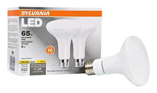 SYLVANIA LED Flood BR30 Light Bulb, 65W Equivalent Efficient 9W, 10 Year, 650 Lumens, Dimmable, 2700K, Soft White - 2 pack