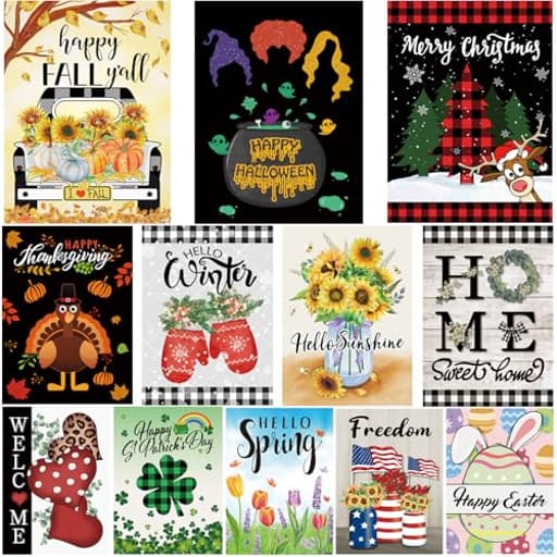 Seasonal Garden Flags Set of 12 Double Sided 12 x 18 Inch, Small Yard Flags for Outside, Christmas Halloween Easter Valentine's Day Outdoor Decor, Holiday Garden Decorations for All Seasons