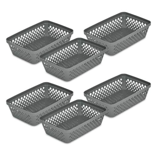 Plastic Storage Basket Set - Multipurpose Drawer Trays, Kitchen Pantry Containers, and Bathroom Bins - 6 Pack Medium Organizers, Grey