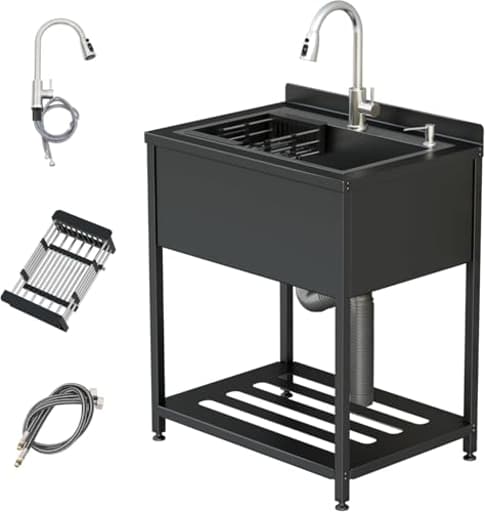 Stainless Steel Utility Sink, 25.7" × 20.7" × 39.5"Freestanding Sink with Cold and Hot Water Faucet,Hoses and Drain Kit for Kitchens, Bathrooms, Garage, Laundry Room