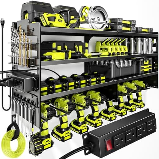Large Power Tool Organizer Wall Mount with Charging Station,4 Layer Heavy Duty Metal Tool Storage Rack Loads 600lbs with 8 Cordless Drill Holder,Battery Utility Rack Loads with 4 Power Strip