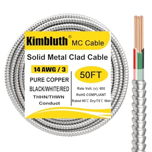 14/3 Metal Clad (MC) Cable with Ground 50ft, 14 Gauge Electric Wire with Aluminum Armor, Solid Bare Copper Conductors for Indoor Outdoor Underground Embedded Installation