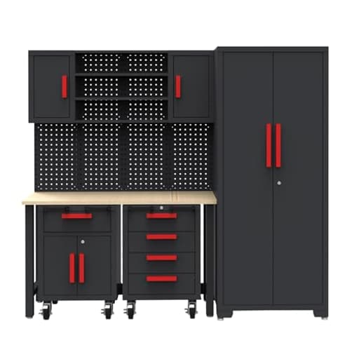 6-Pcs Garage Storage Cabinet System: Workshop Set with Steel Cabinet Drawers, Rolling Chest, Workbench, Pegboard for Tool Organization