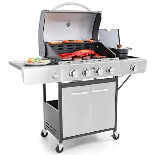 4-Burner Propane Gas BBQ Grill with Side Burner & Porcelain-Enameled Cast Iron Grates, 42,000 BTU Output Stainless Steel Grill for Outdoor Cooking Kitchen and Patio Backyard Barbecue