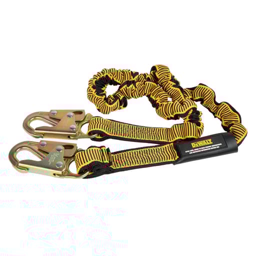 6 ft single-leg lanyard with internal energy absorber (4–6 ft stretch), steel snap hooks both ends