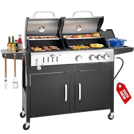 3 Burner Propane Gas and Charcoal Grill Combo with Side Burner & Porcelain-Enameled Cast Iron Grates, 37,000 BTUs 685 SQIN Dual Fuel Outdoor BBQ Grill for Patio Garden Picnic Backyard Barbecue Cooking
