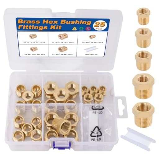 25PCS Brass Hex Bushing Kit Brass Fittings Assortment 1/4" to 1/8", 3/8" to 1/8", 3/8" to 1/4", 1/2" to 1/4", 1/2" to 3/8" NPT Reducer Pipe Fittings Adapter Fitting
