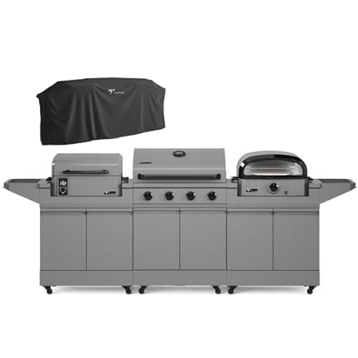 Anaheim 4-Burner Gas Grill with Two Prep Carts, Pellet Smoker, and Pizza Oven with Cover - Outdoor Cooking Bundle, Quick Assembly, Grill for Outdoor Cooking, Kitchen Island for BBQ