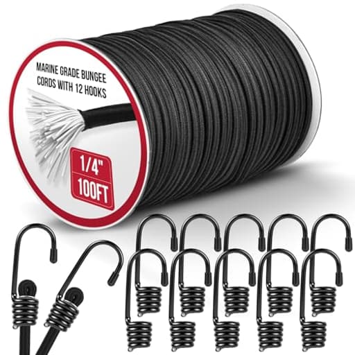 Marine Grade Heavy Duty Bungee Cord Roll with 12 Hooks - Black Elastic Shock Cord Kit for Kayak Deck, Outdoor Camping, Tarp Tie Downs, Bike Rack, DIY Assorted Bungee Ropes