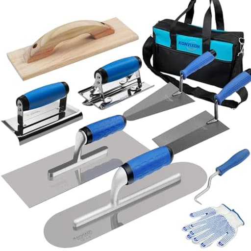 10PCS Concrete Trowel Set, Masonry Hand Tool Set Includes Large Flat Finishing and Pool Trowel, Wood Float, Concrete Edger and Groover, Margin Gauging, Wire Twister, Gloves & Carry Bag