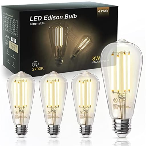 Edison Light Bulbs 60W Equivalent, Dimmable Vintage LED Light Bulbs, E26 Medium Base, Warm White 2700K, ST58, 8W, 800LM, 80+ CRI, Antique Decorative LED Filament, Clear Glass, 4 Pack