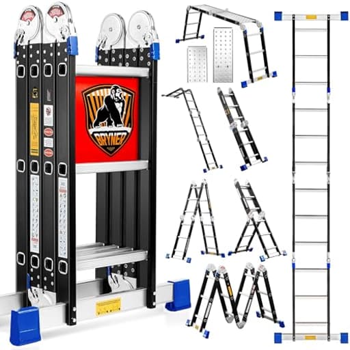 Step Ladder, Bryner 12Ft Multi-Purpose Aluminium Folding Extension Ladders, 7 in 1 Folding Adjustable Telescoping Step Ladder 330lbs