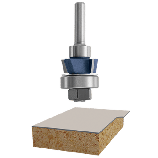 Carbide-tipped four-flute flush and bevel laminate trim assembly