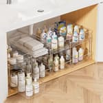 4 Pack Bathroom Organizer, 2 Tier Clear Under Sink Organizers Vanity Countertop Storage Container,Cabinet Drawers Bins, Pull-Out Organization with Track for Pantry, Kitchen