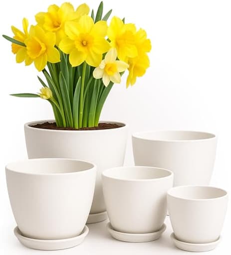 Plant Pots Indoor with Drainage Holes – Set of 5 White Plastic Flower Pots (7/6.6/6/5.3/4.8 Inch) – Modern Planters for Indoor Plants, Room & Office Décor, Great Stocking Stuffers