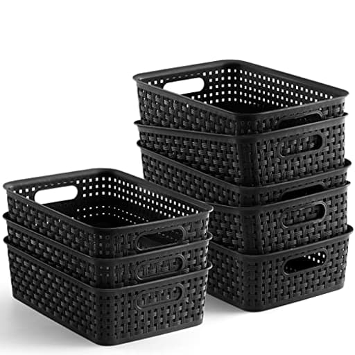 [ 8 Pack ] Plastic Storage Baskets, Small Pantry Organization and Storage Bins, Household Organizers for Laundry Room, Bathrooms, Kitchens, Cabinets, Countertops, Under Sink or Shelves, Black