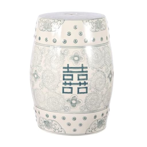 TBL1013C Double Happiness 18" Chinoiserie Ceramic Drum Indoor/Outdoor Garden Stool Bohemian, Coastal, Classic, Cottage, Traditional, Patio, Garden, Bathroom, Living Room, Gray Blue/White