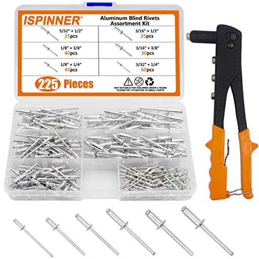 225pcs Aluminum Blind Rivets Assortment Kit with Heavy Duty Hand Riveter Rivet Gun Tool, 6 Sizes Pop Rivets