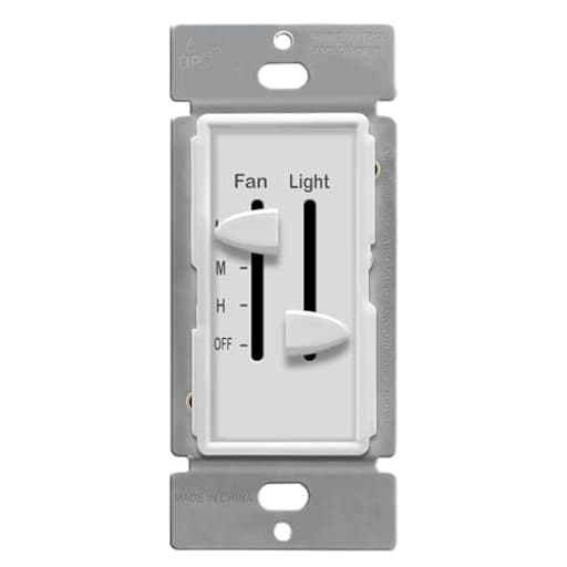 3 Speed Ceiling Fan Control and LED Dimmer Light Switch, 2.5A Single Pole Light Fan Switch, 300W Incandescent Load, No Neutral Wire Required, 17001-F3-W, White