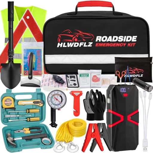 Car Emergency Kit with 2000A Car Battery Jump Starter- Car Roadside Emergency Kit, First Aid Kit, Tow Rope, Emergency Car Kit, Roadside Safety Tool Kit for Women, Men