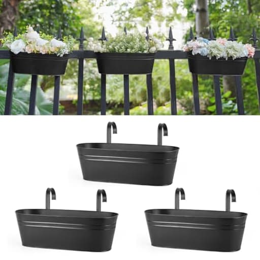 3 Pcs Metal Hanging Flower Pots for Railing Fence Outdoor Planter 15.7 Inch Hanging Bucket Pots Countryside Window Flower Plant Holder with Detachable Hooks for Garden Yard Home Decor,Black