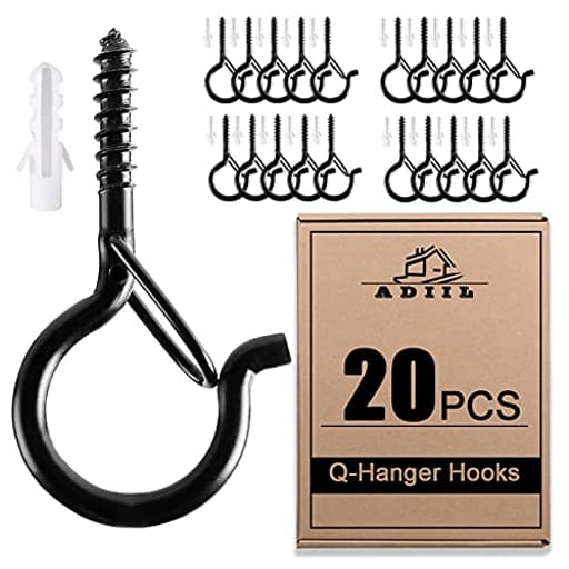 20 PCS Q Hanger Hooks with Safety Buckle, Windproof Screw Hooks for Hanging Outdoor String Lights, Plants, Christmas Patio Lights, 2.2 Inches, Black