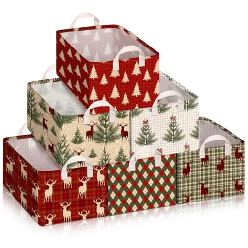 6 Pack Christmas Storage Bin Collapsible Large Christmas Storage Baskets for Gifts Canvas Laundry Basket Foldable Box with Handle for Office Home Bedroom Clothes