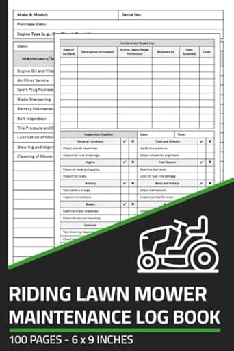 Riding Lawn Mower Maintenance Log Book: Ride On Lawn Mower Repair & Service Record with Daily Inspection Checklist | Maintenance Logbook for Riding Mowers
