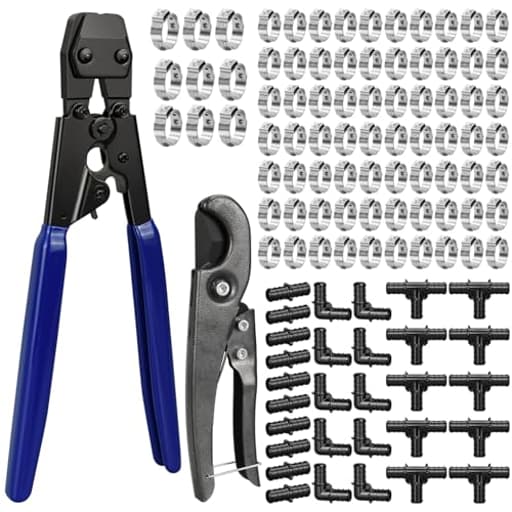 PEX Cinch Clamp Tool Kit, 3/8" to 1" PEX Pipe Clamp Cinch Tool with 30 pcs 1/2" PPSU PEX Fittings Combo, 1pcs Pipe Cutter, 70 pcs 1/2" PEX Cinch Clamps, 10pcs 3/4" PEX Cinch Clamps