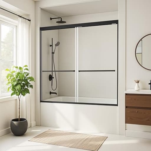 Shower Door for Tub 56-60" W x 62" H, Double Sliding Bath Tub Door Bypass, Semi-Frameless Bath Tub Shower Glass Door with 5/16" (8mm) Thick Tempered Glass, Matte Black