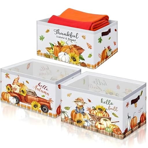 3 Pack Thanksgiving Fall Storage Bin Collapsible Large Autumn Storage Baskets for Gifts Empty Candy Holiday Decor Canvas Laundry Basket Foldable Box with Handle for Office Home Bedroom Clothes