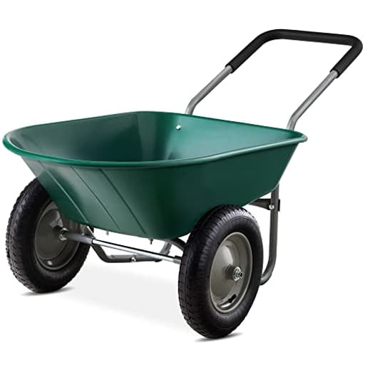 Dual-Wheel Home Utility Yard Wheelbarrow Garden Cart w/Built-in Stand for Lawn, Gardening, Construction - Green