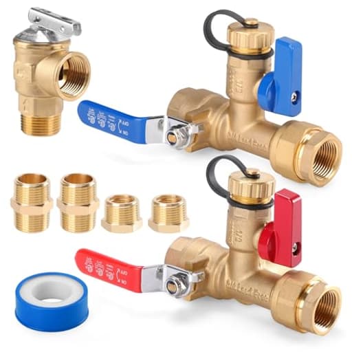8Pcs 3/4 Inch IPS Isolator Tankless Water Heater Valve Kit with 2Pcs 3/4" NPT to 1/2" FNPT and 2Pcs Brass Pipe Fitting, Tankless Water Heater Flushing Kit with Pressure Relief Valve, Clean Brass