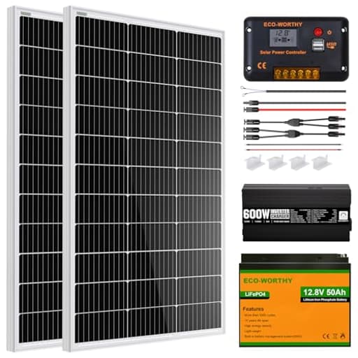 200 Watt 12V Complete Solar Panel Starter Kit for RV Off Grid with Battery and Inverter: 200W Solar Panels+30A Charge Controller+50Ah Lithium Battery+600W Solar Power Inverter