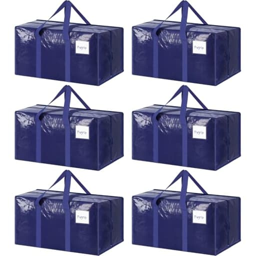 6 Pack Extra Heavy Duty Large Moving Bags with Strong Zipper & Comfortable Handles, Sturdy & Durable Clothes Storage Bags Totes Bins, Blue Packing Moving Boxes for College Supplies, Dark Blue