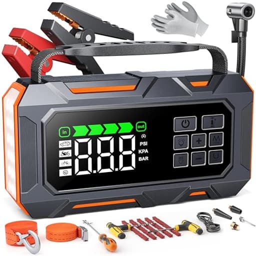 14-in-1 Car Jump Starter with Air Compressor 160PSI, 7000A Jump Starter Jump Box (All Gas 12L Diesel), Jumper Cables Jumper Starter Portable with Car Roadside Emergency Kit, Tow Rope, Gloves, Lights