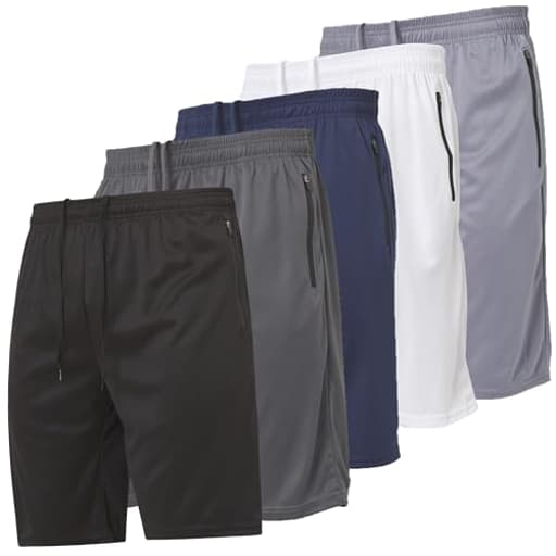 Mens 5 Pack Athletic Running Shorts, Basketball Gym Workout Shorts for Men with Zippered Pockets