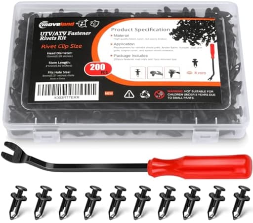 200PCS 8mm UTV ATV Fender Push Clips with Fastener Removal Tool, Nylon Body Rivets Fasteners Clips Compatible with Polaris Ranger RZR Can Am Kawasaki Teryx Honda Suzuki Sportsman