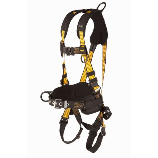Vest-style full body harness (vest style with belt, 5-point with back and side D-rings, quick‑connect chest and leg straps)