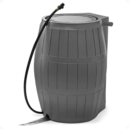 Raincatcher 4000, Flat-Back Rain Water Barrel, 50-Gallon, Gray - Rainwater Collection Storage Container w Side Spigots, Mesh Screen, Garden and Overflow Hose & Linking Kit