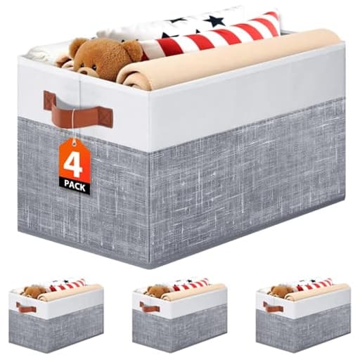 Collapsible Storage Baskets for Shelves,14"x10", 4 Pack Foldable Fabric Storage Bins with Double Leather Handles, Large Baskets for Organizing Books, Clothes, White & Grey