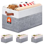 Collapsible Storage Baskets for Shelves,14"x10", 4 Pack Foldable Fabric Storage Bins with Double Leather Handles, Large Baskets for Organizing Books, Clothes, White & Grey