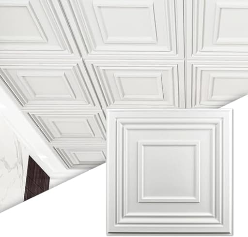 Drop Ceiling Tiles 24x24 Inch (12-Pack, 48 Sq.ft) – Glue Up PVC Ceiling Tiles 2x2 Ft., Decorative Ceiling Panels for Kitchen, Living Room, Office and Home, White