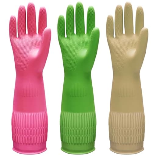3 Pairs of Rubber Dishwashing Gloves for Kitchen and Household Cleaning – Long Cuff 15", Reusable, Flexible Long-lasting and Non-Slip