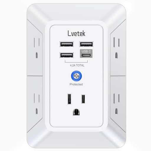 5 Outlet Extender Multi Plug Wall Outlets with 4 USB Charging Ports (1 USB C Outlet), 3 Sided 1680J Surge Protector Power Strip USB Wall Charger for Home, Office, Travel, ETL Listed, White