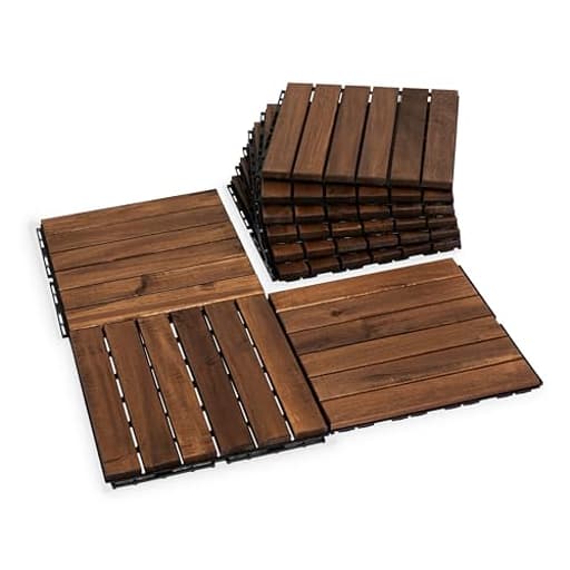 Acacia Wood Flooring Interlocking Deck Tiles for Patio Decor 9 Pcs 6 Slats VR Brown - Waterproof Indoor & Outdoor Decor - Balcony Garden Decking Tile