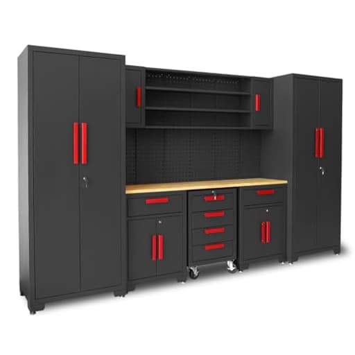 Garage Storage Cabinets System, 8-Pcs Workshop Cabinet Set in Black, Included Steel Cabinets Drawers Rolling Chest and Pegboard,Locked Garage Storage Cabinet