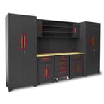 Garage Storage Cabinets System, 8-Pcs Workshop Cabinet Set in Black, Included Steel Cabinets Drawers Rolling Chest and Pegboard,Locked Garage Storage Cabinet